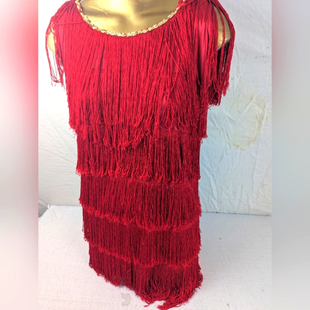 Flapper Red Fringe Dress By Charades Stretchy Fabric Fits Medium/Large